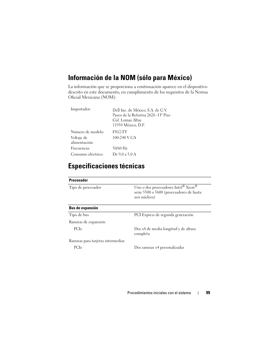 Información de la nom (sólo para méxico), Especificaciones técnicas | Dell PowerEdge C2100 User Manual | Page 101 / 118