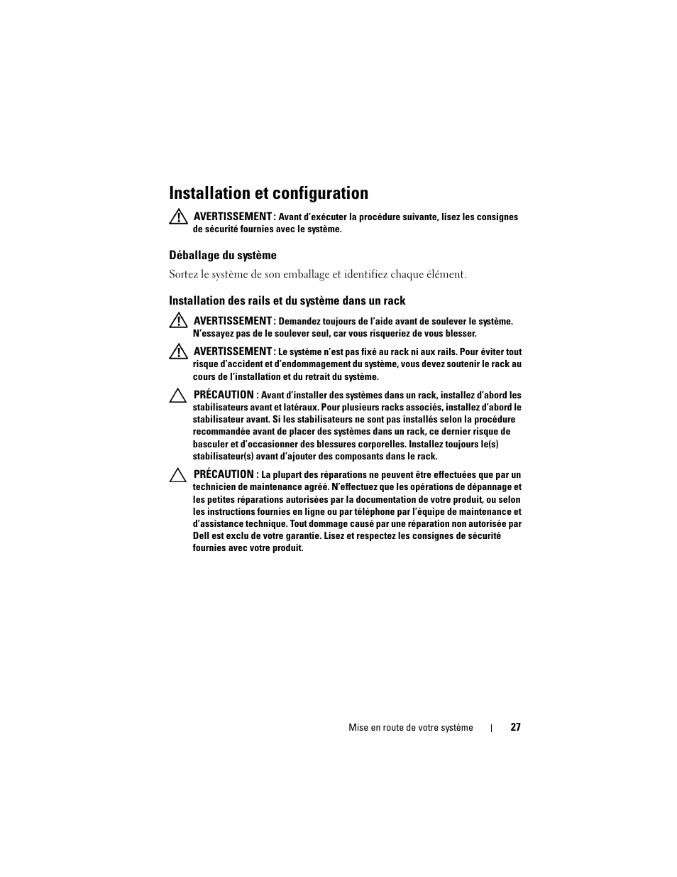 Installation et configuration, Déballage du système, Installation des rails et du système dans un rack | Dell PowerEdge C2100 User Manual | Page 29 / 118