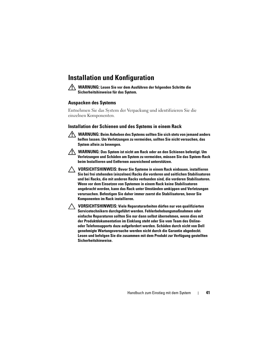Installation und konfiguration, Auspacken des systems | Dell PowerEdge C2100 User Manual | Page 43 / 118