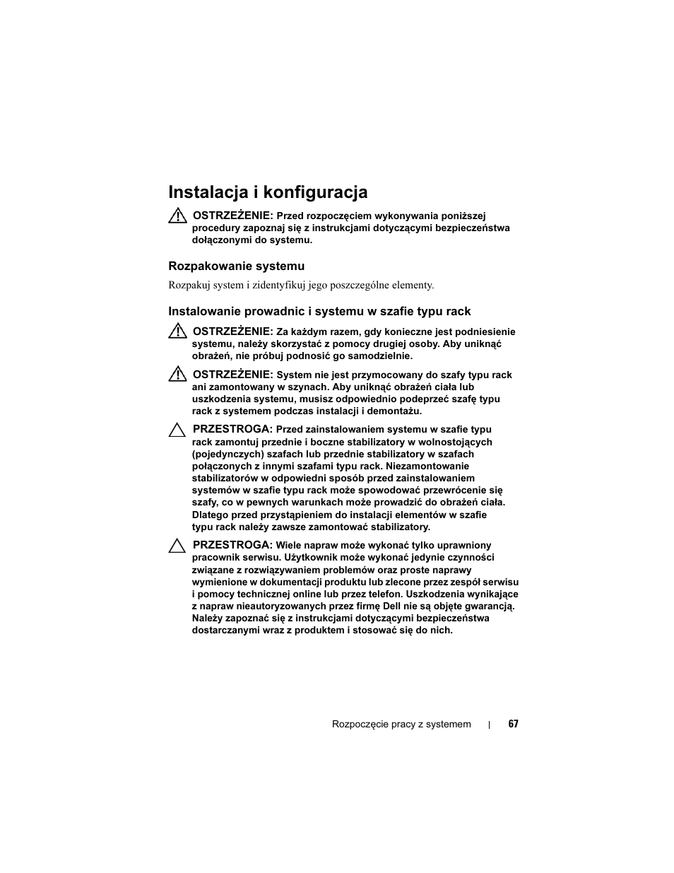 Instalacja i konfiguracja, Rozpakowanie systemu | Dell PowerEdge C2100 User Manual | Page 69 / 118