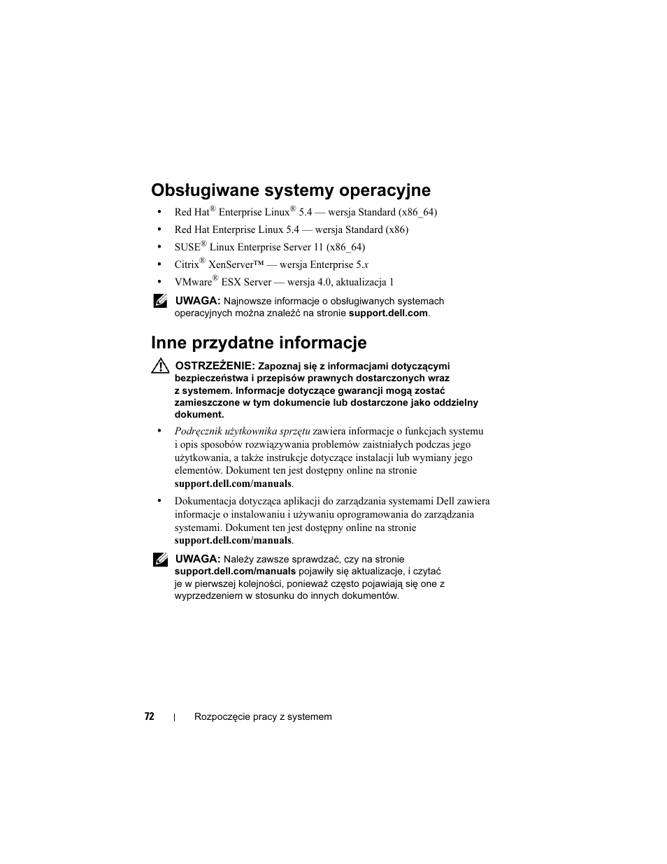 Obsługiwane systemy operacyjne, Inne przydatne informacje | Dell PowerEdge C2100 User Manual | Page 74 / 118