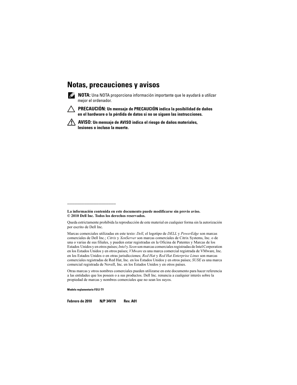 Notas, precauciones y avisos | Dell PowerEdge C2100 User Manual | Page 94 / 118