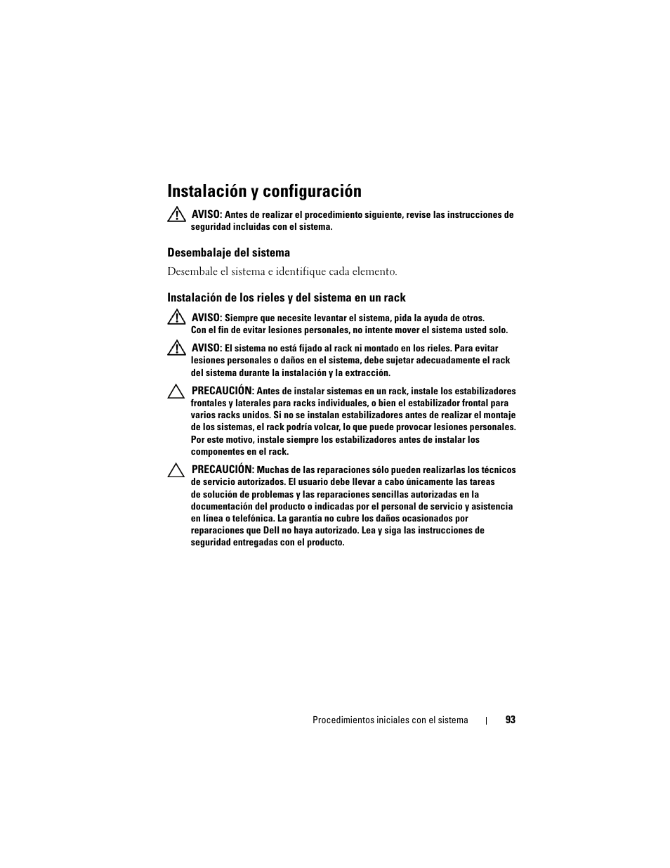 Instalación y configuración, Desembalaje del sistema, Instalación de los rieles y del sistema en un rack | Dell PowerEdge C2100 User Manual | Page 95 / 118