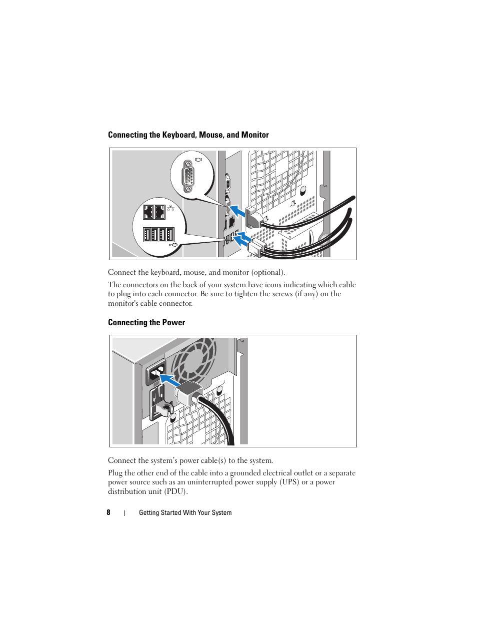 Connecting the keyboard, mouse, and monitor, Connecting the power | Dell PowerEdge T300 User Manual | Page 10 / 128