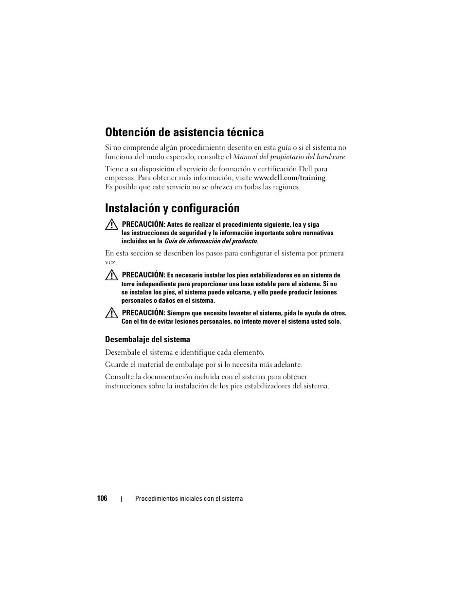Obtención de asistencia técnica, Instalación y configuración, Desembalaje del sistema | Dell PowerEdge T300 User Manual | Page 108 / 128