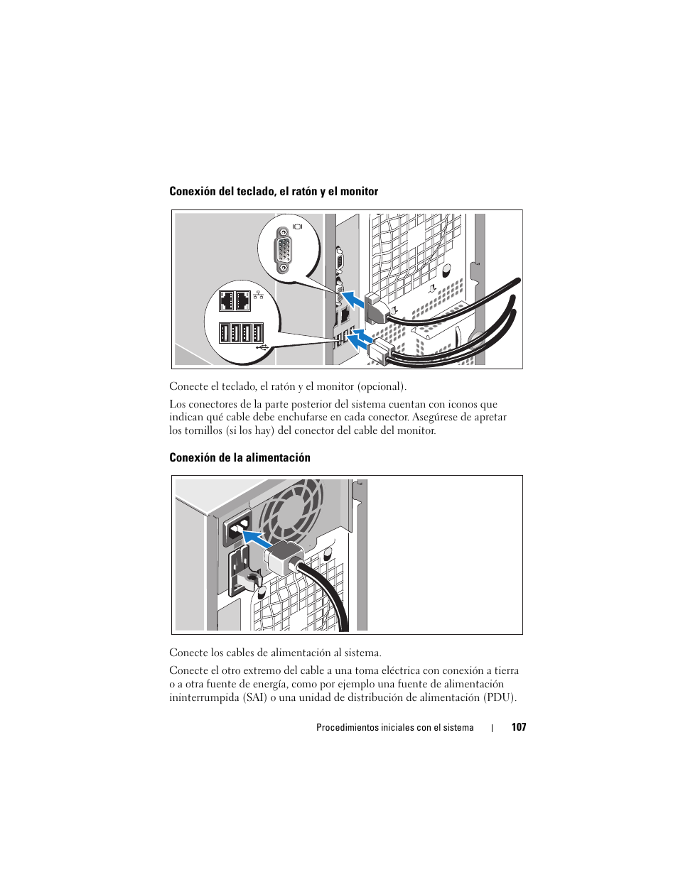 Conexión del teclado, el ratón y el monitor, Conexión de la alimentación | Dell PowerEdge T300 User Manual | Page 109 / 128