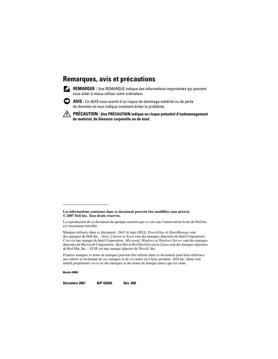 Remarques, avis et précautions | Dell PowerEdge T300 User Manual | Page 32 / 128
