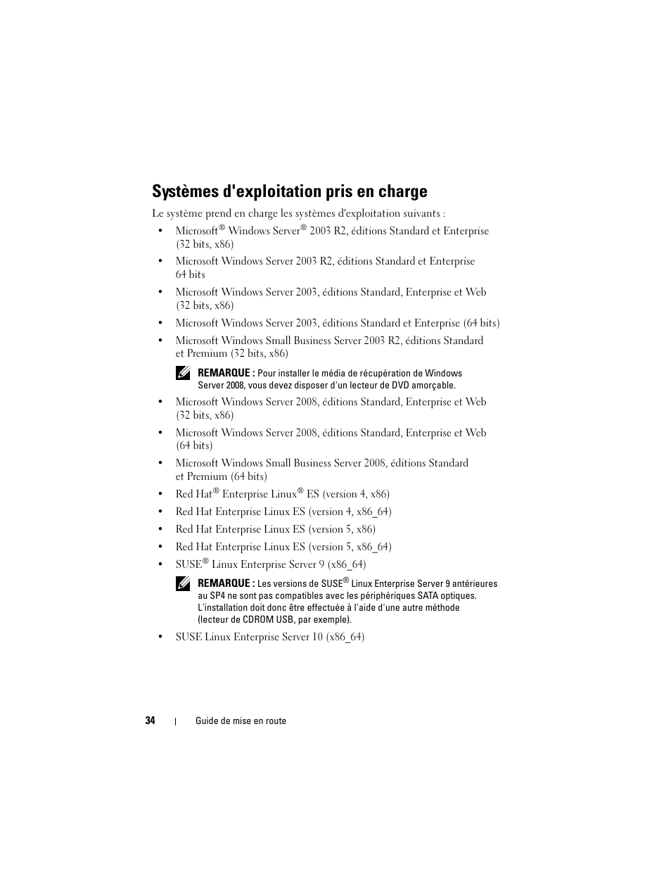 Systèmes d'exploitation pris en charge | Dell PowerEdge T300 User Manual | Page 36 / 128