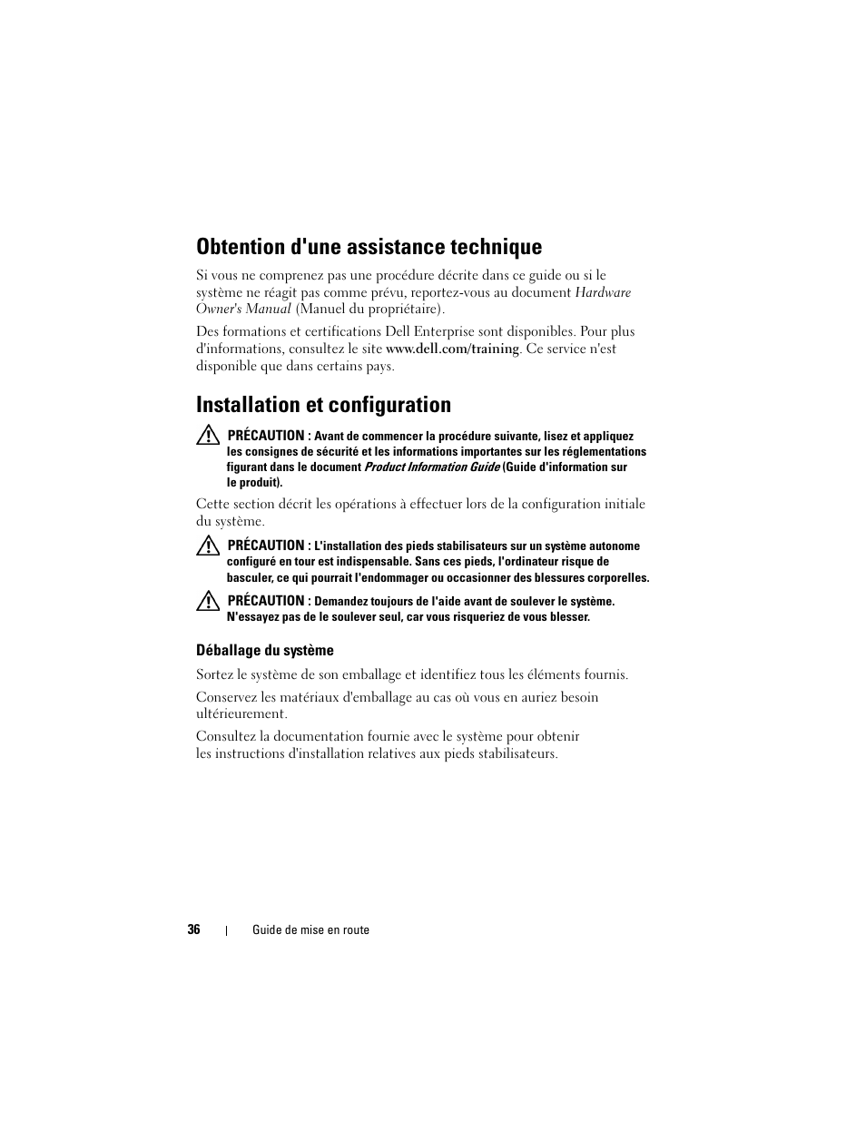 Obtention d'une assistance technique, Installation et configuration, Déballage du système | Dell PowerEdge T300 User Manual | Page 38 / 128