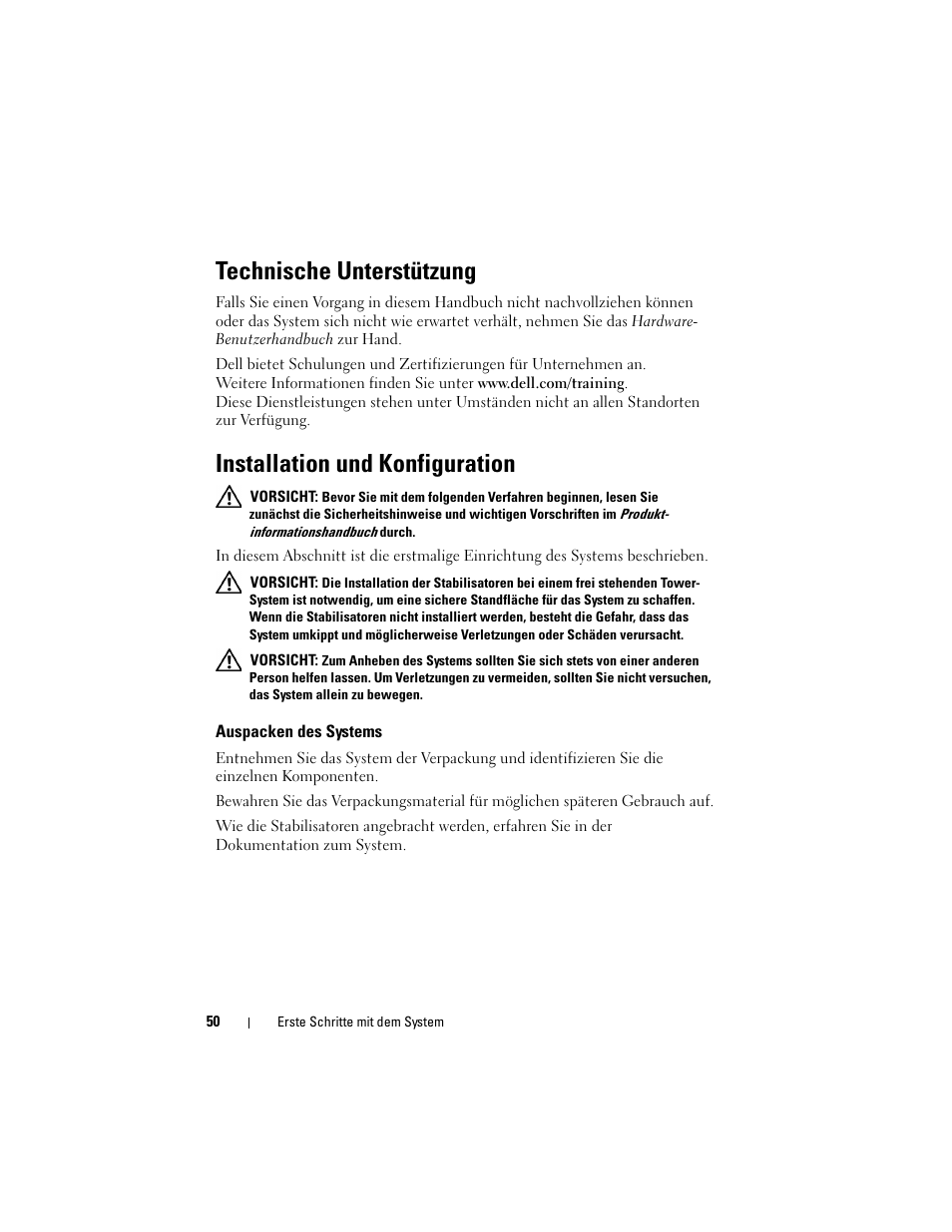 Technische unterstützung, Installation und konfiguration, Auspacken des systems | Dell PowerEdge T300 User Manual | Page 52 / 128