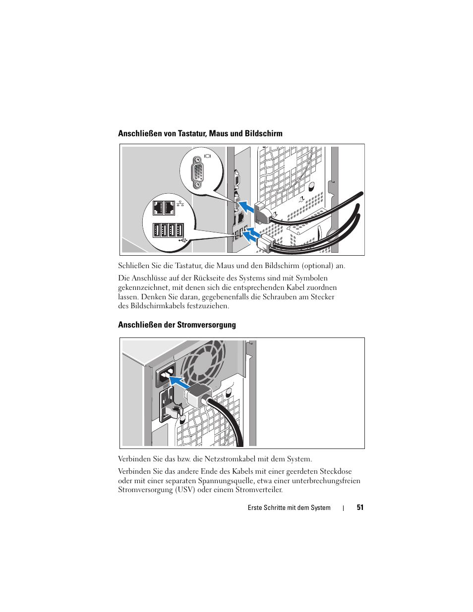 Anschließen von tastatur, maus und bildschirm, Anschließen der stromversorgung | Dell PowerEdge T300 User Manual | Page 53 / 128