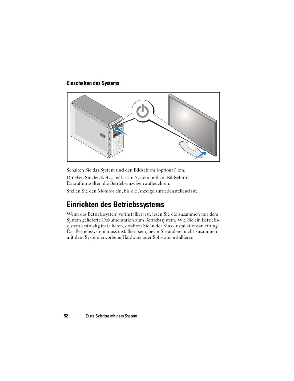 Einschalten des systems, Einrichten des betriebssystems | Dell PowerEdge T300 User Manual | Page 54 / 128