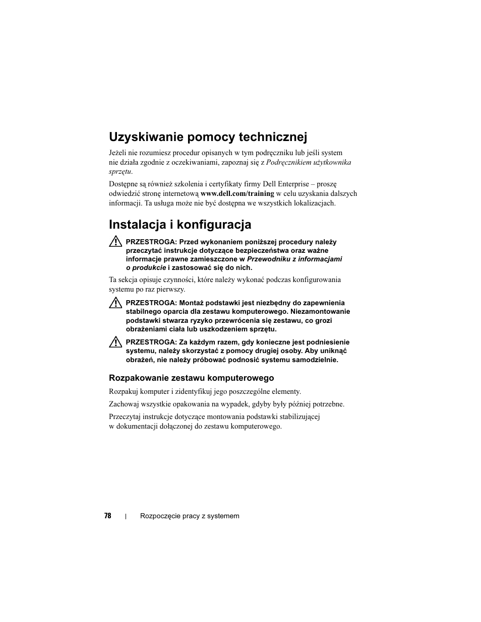 Uzyskiwanie pomocy technicznej, Instalacja i konfiguracja, Rozpakowanie zestawu komputerowego | Dell PowerEdge T300 User Manual | Page 80 / 128
