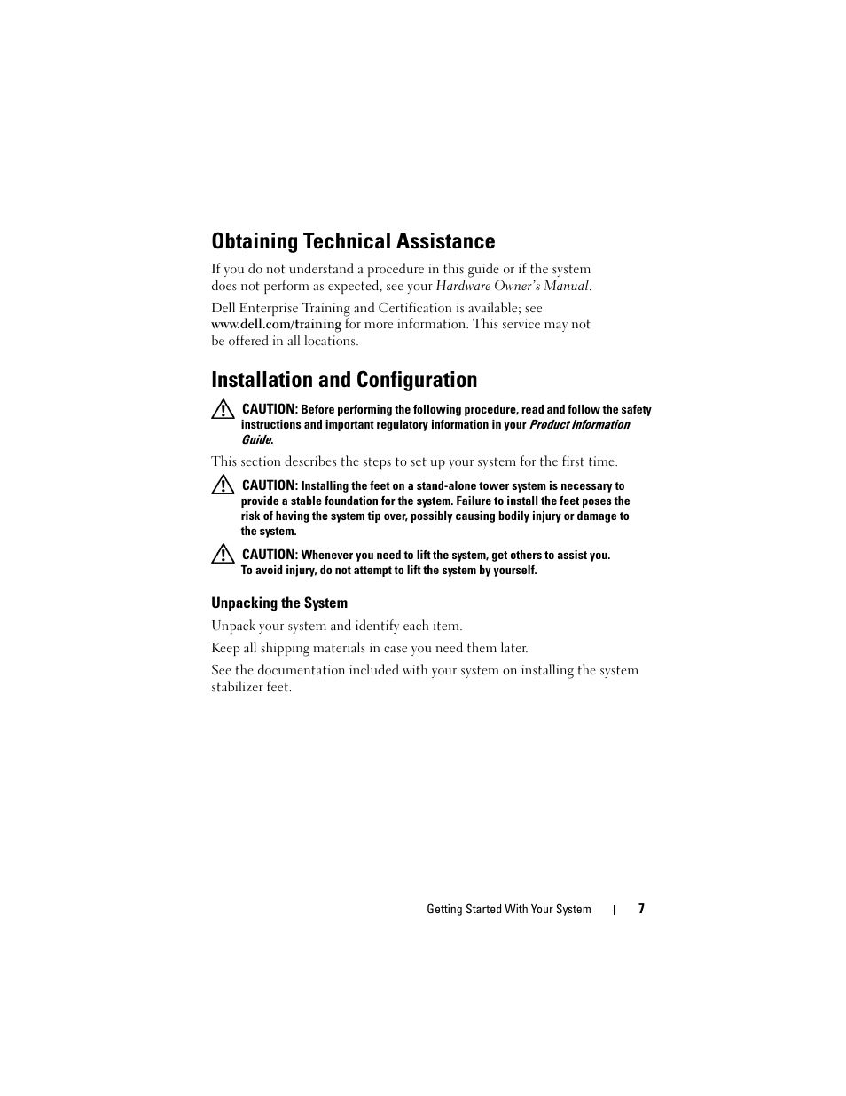 Obtaining technical assistance, Installation and configuration, Unpacking the system | Dell PowerEdge T300 User Manual | Page 9 / 128