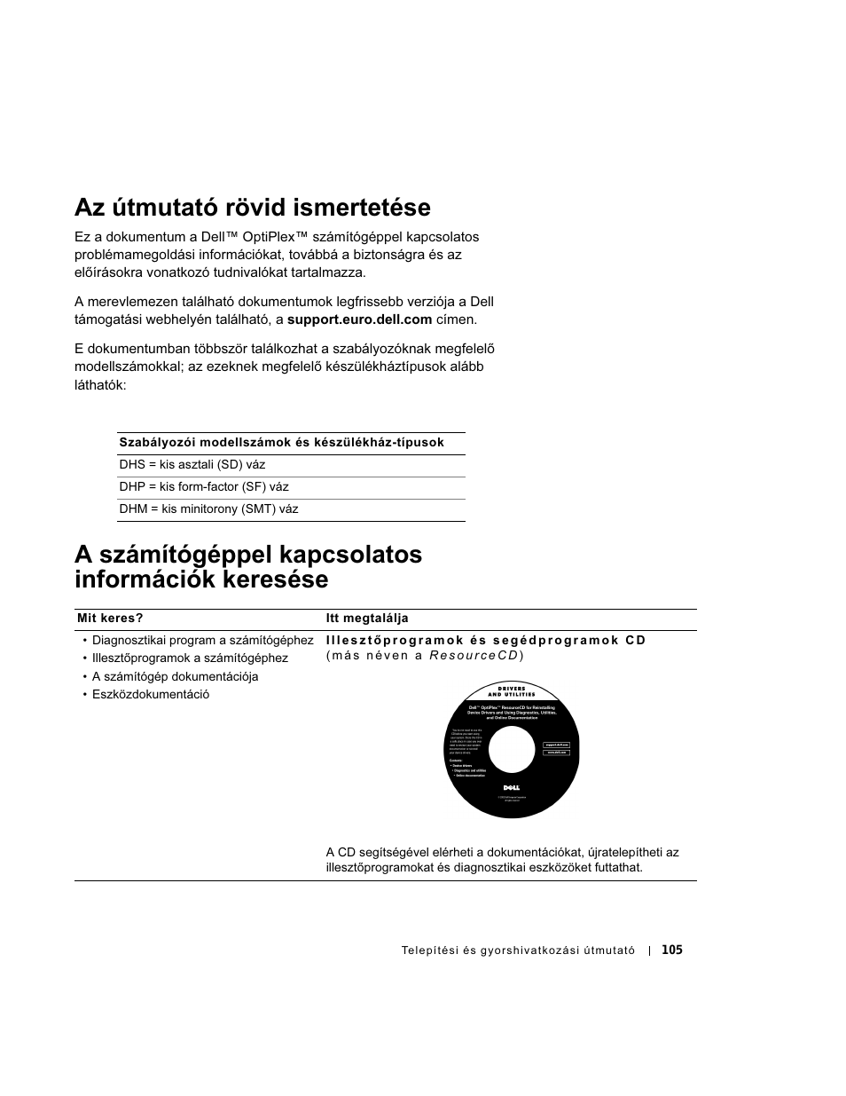 Az útmutató rövid ismertetése, A számítógéppel kapcsolatos információk keresése | Dell OptiPlex GX270 User Manual | Page 106 / 238