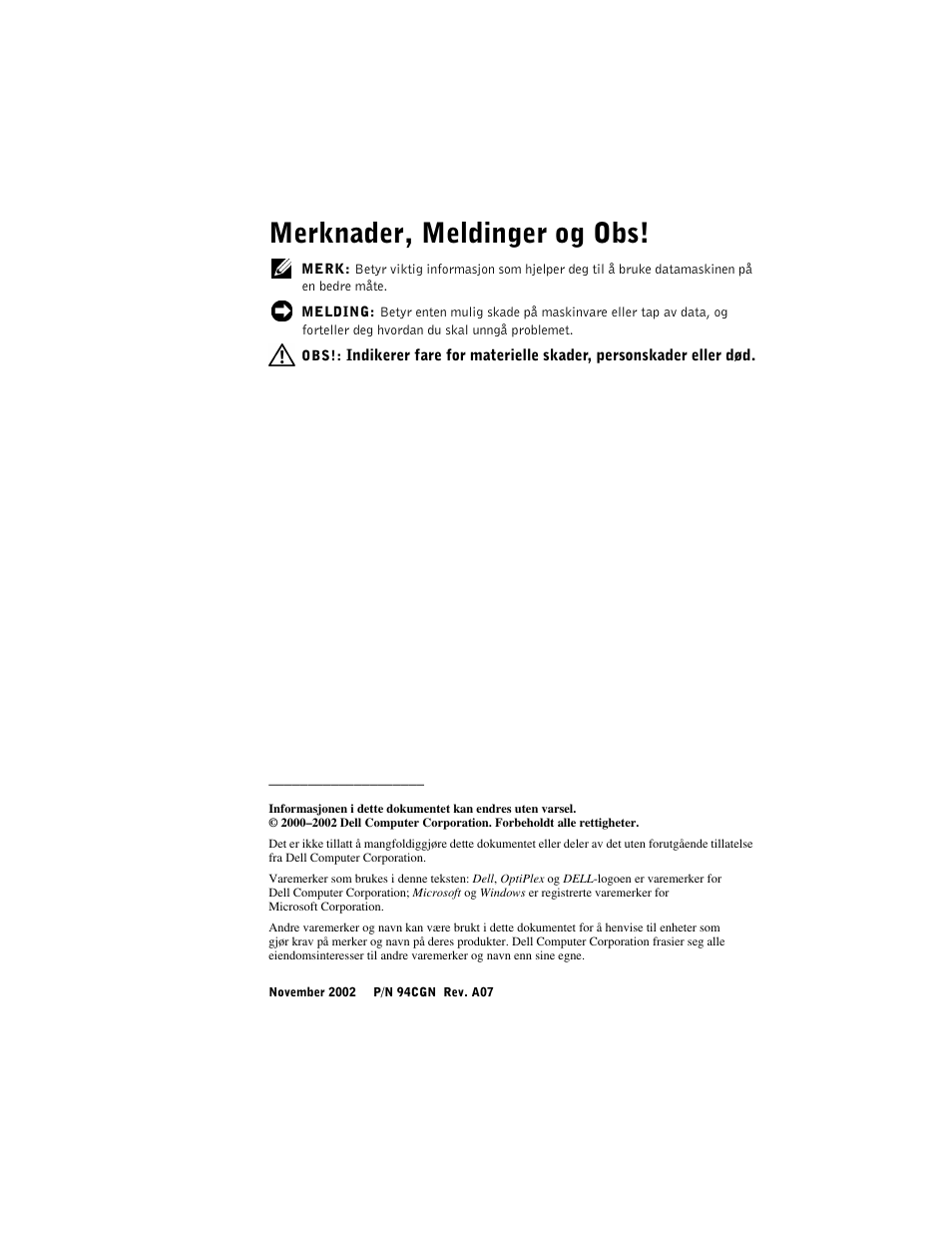 Merknader, meldinger og obs | Dell OptiPlex GX270 User Manual | Page 121 / 238