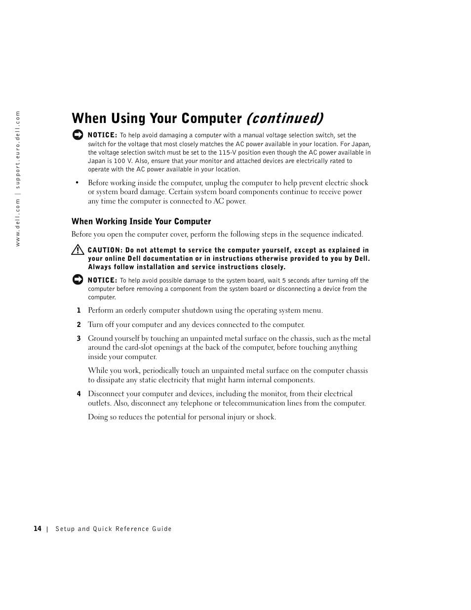 When working inside your computer, When using your computer (continued) | Dell OptiPlex GX270 User Manual | Page 15 / 238