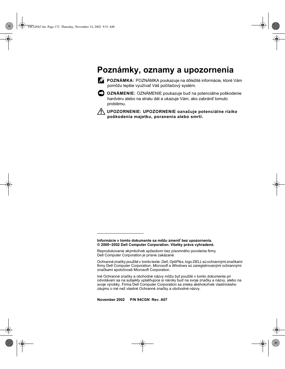 Poznámky, oznamy a upozornenia | Dell OptiPlex GX270 User Manual | Page 173 / 238