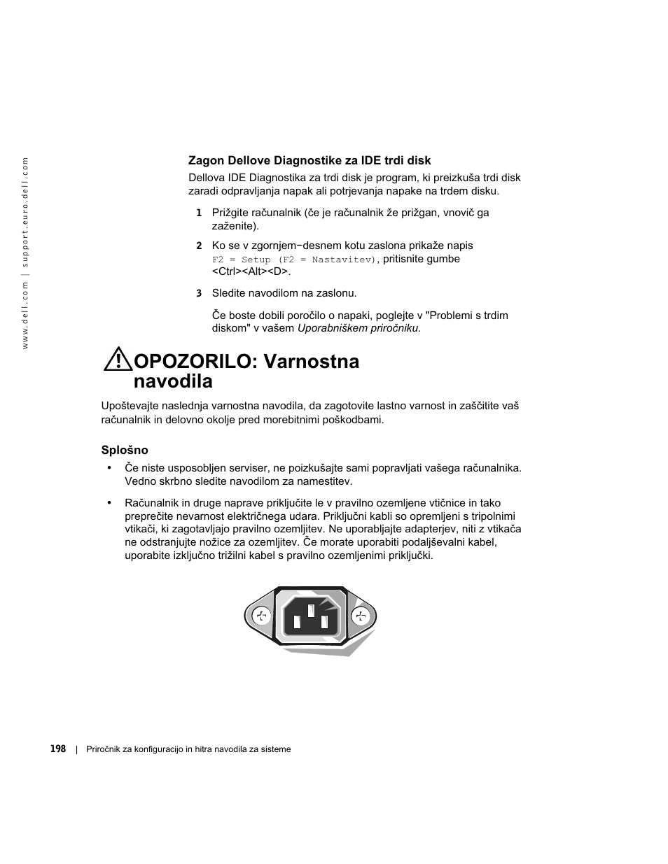 Zagon dellove diagnostike za ide trdi disk, Opozorilo: varnostna navodila, Splošno | Dell OptiPlex GX270 User Manual | Page 199 / 238