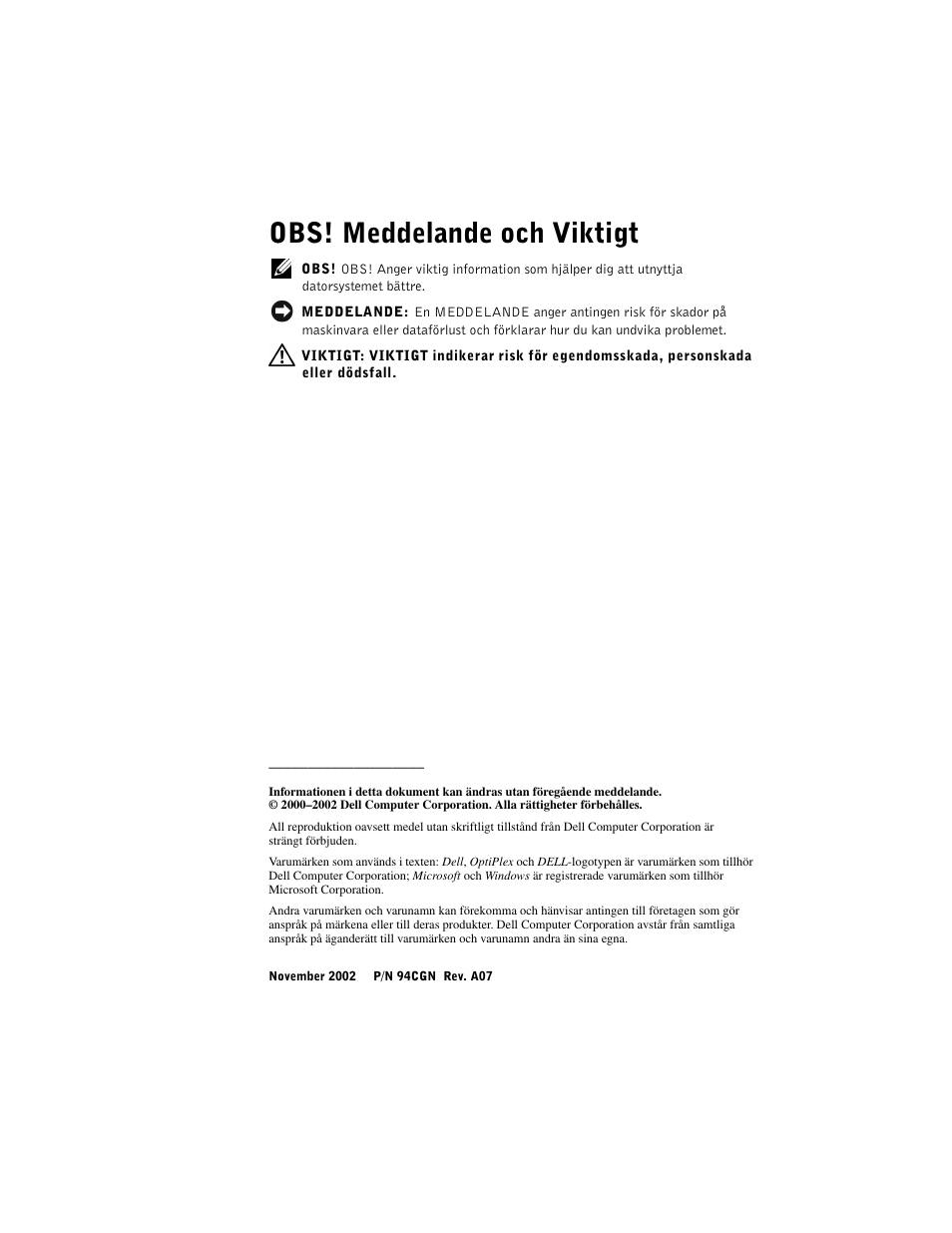 Obs! meddelande och viktigt | Dell OptiPlex GX270 User Manual | Page 205 / 238