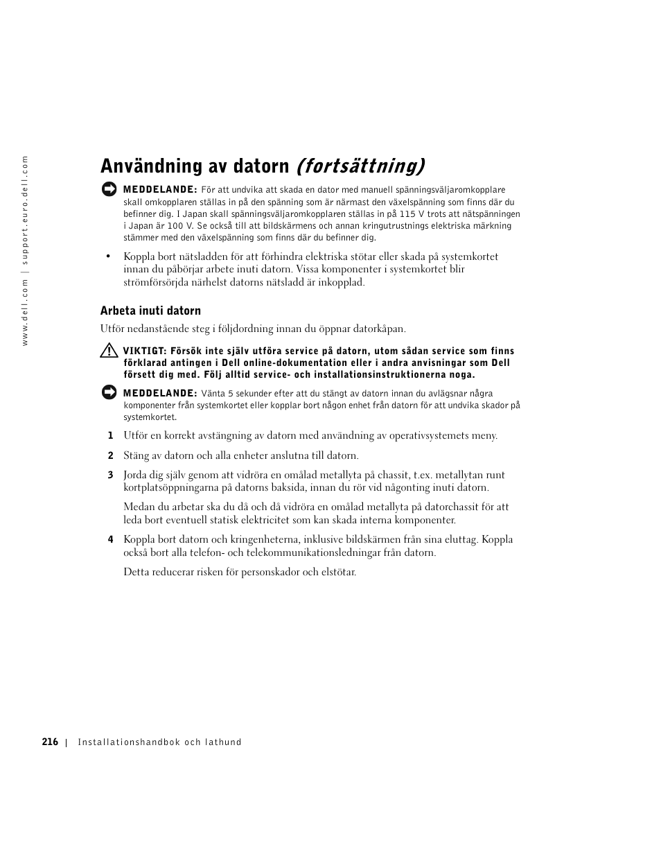 Arbeta inuti datorn, Användning av datorn (fortsättning) | Dell OptiPlex GX270 User Manual | Page 217 / 238