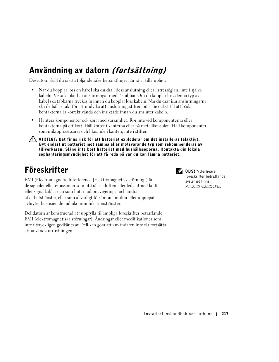 Föreskrifter, Användning av datorn (fortsättning) | Dell OptiPlex GX270 User Manual | Page 218 / 238