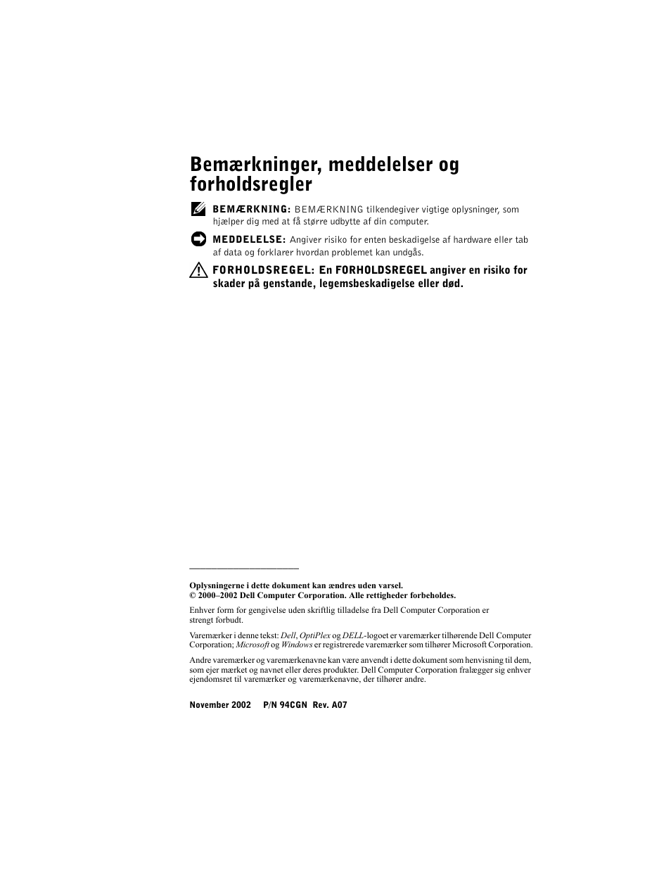 Bemærkninger, meddelelser og forholdsregler | Dell OptiPlex GX270 User Manual | Page 37 / 238