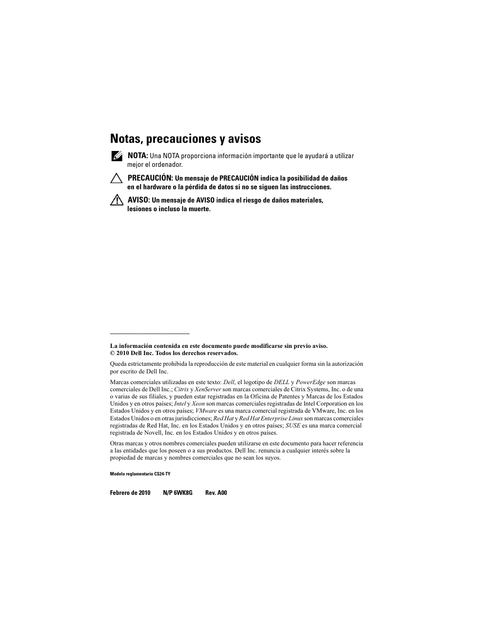Notas, precauciones y avisos | Dell PowerEdge C1100 User Manual | Page 116 / 144