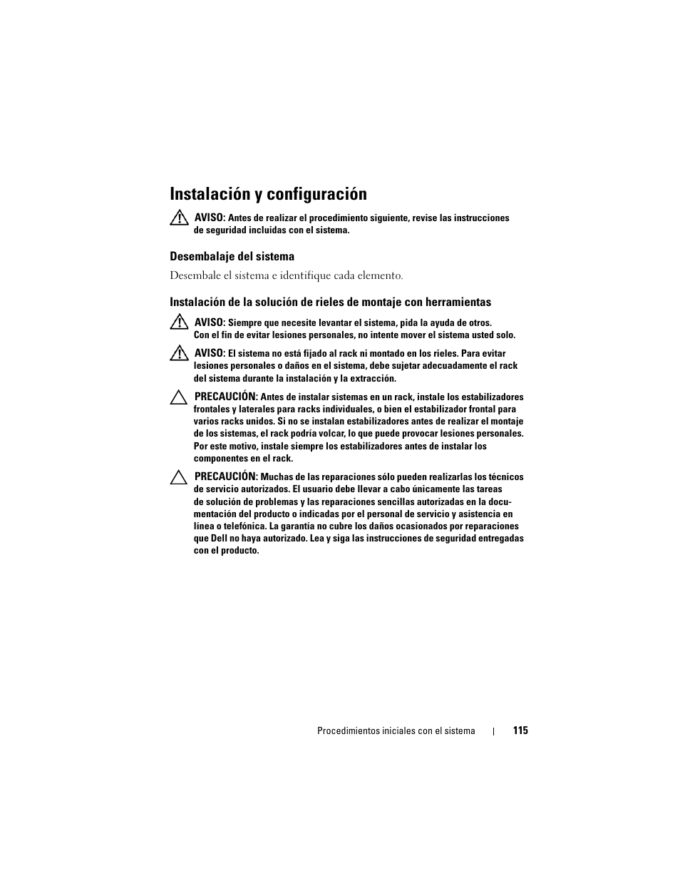Instalación y configuración, Desembalaje del sistema | Dell PowerEdge C1100 User Manual | Page 117 / 144