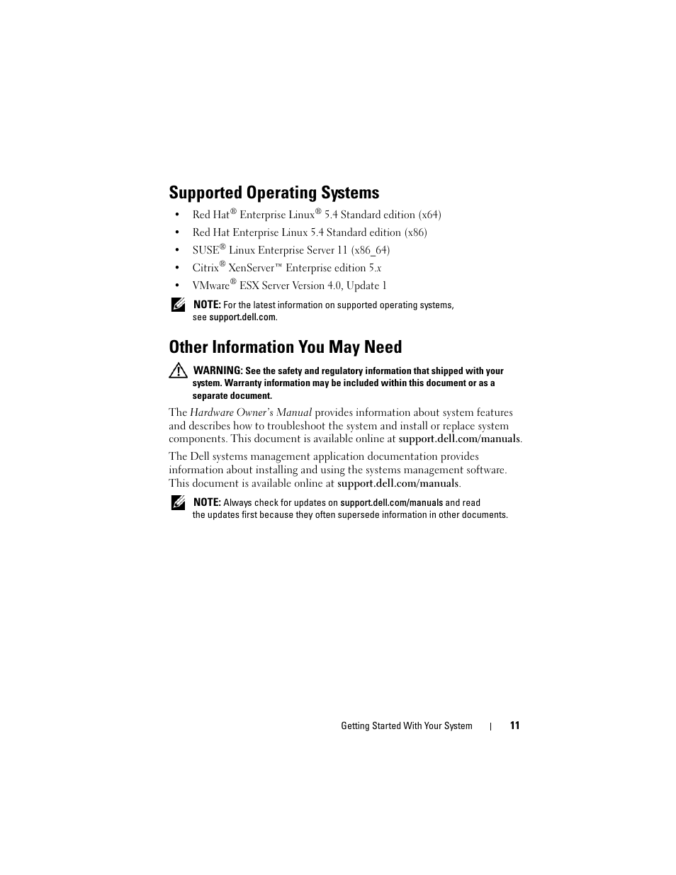 Supported operating systems, Other information you may need | Dell PowerEdge C1100 User Manual | Page 13 / 144