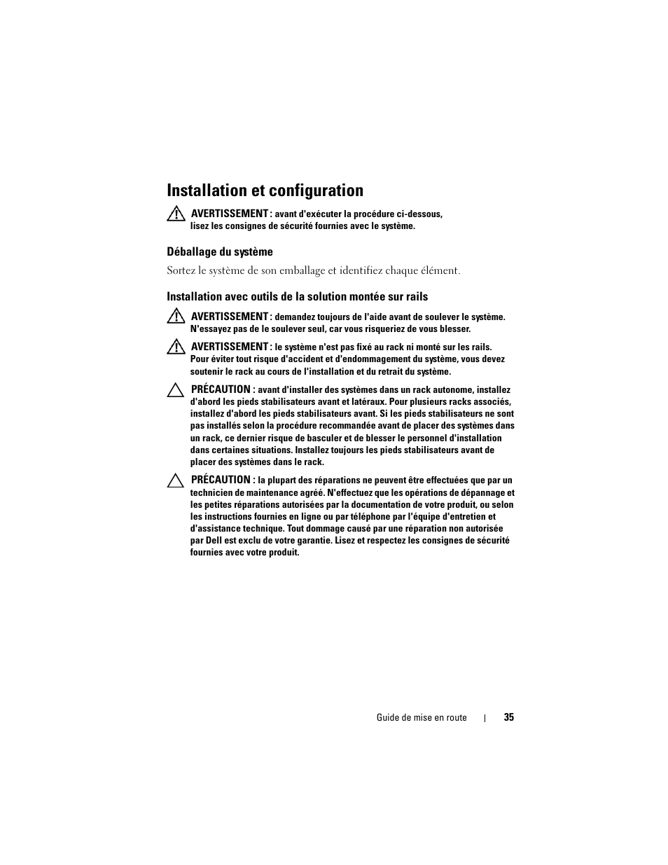 Installation et configuration, Déballage du système | Dell PowerEdge C1100 User Manual | Page 37 / 144