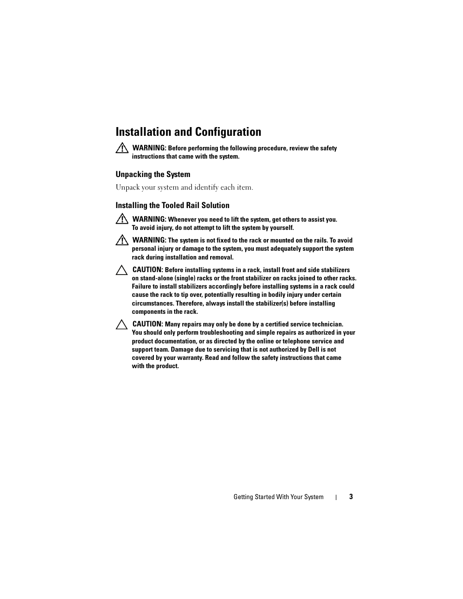 Installation and configuration, Unpacking the system, Installing the tooled rail solution | Dell PowerEdge C1100 User Manual | Page 5 / 144