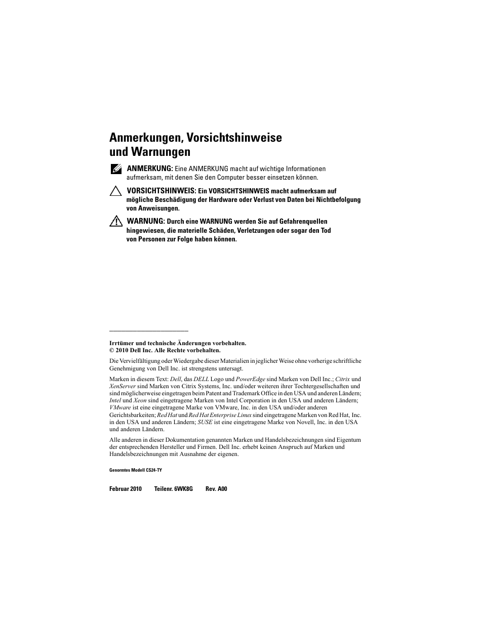 Anmerkungen, vorsichtshinweise und warnungen | Dell PowerEdge C1100 User Manual | Page 52 / 144