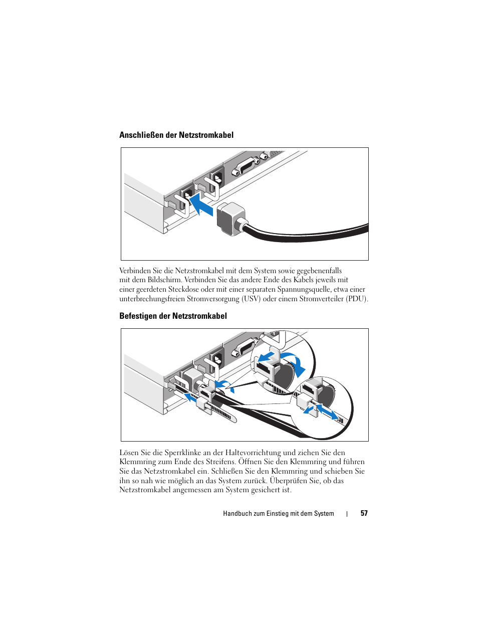 Anschließen der netzstromkabel, Befestigen der netzstromkabel | Dell PowerEdge C1100 User Manual | Page 59 / 144