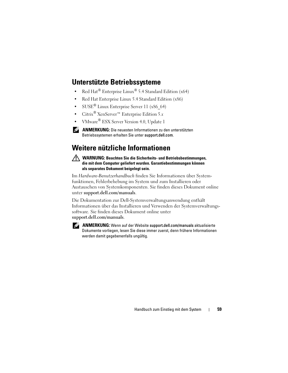 Unterstützte betriebssysteme, Weitere nützliche informationen | Dell PowerEdge C1100 User Manual | Page 61 / 144