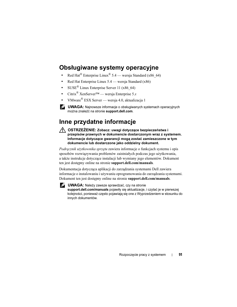 Obsługiwane systemy operacyjne, Inne przydatne informacje | Dell PowerEdge C1100 User Manual | Page 93 / 144