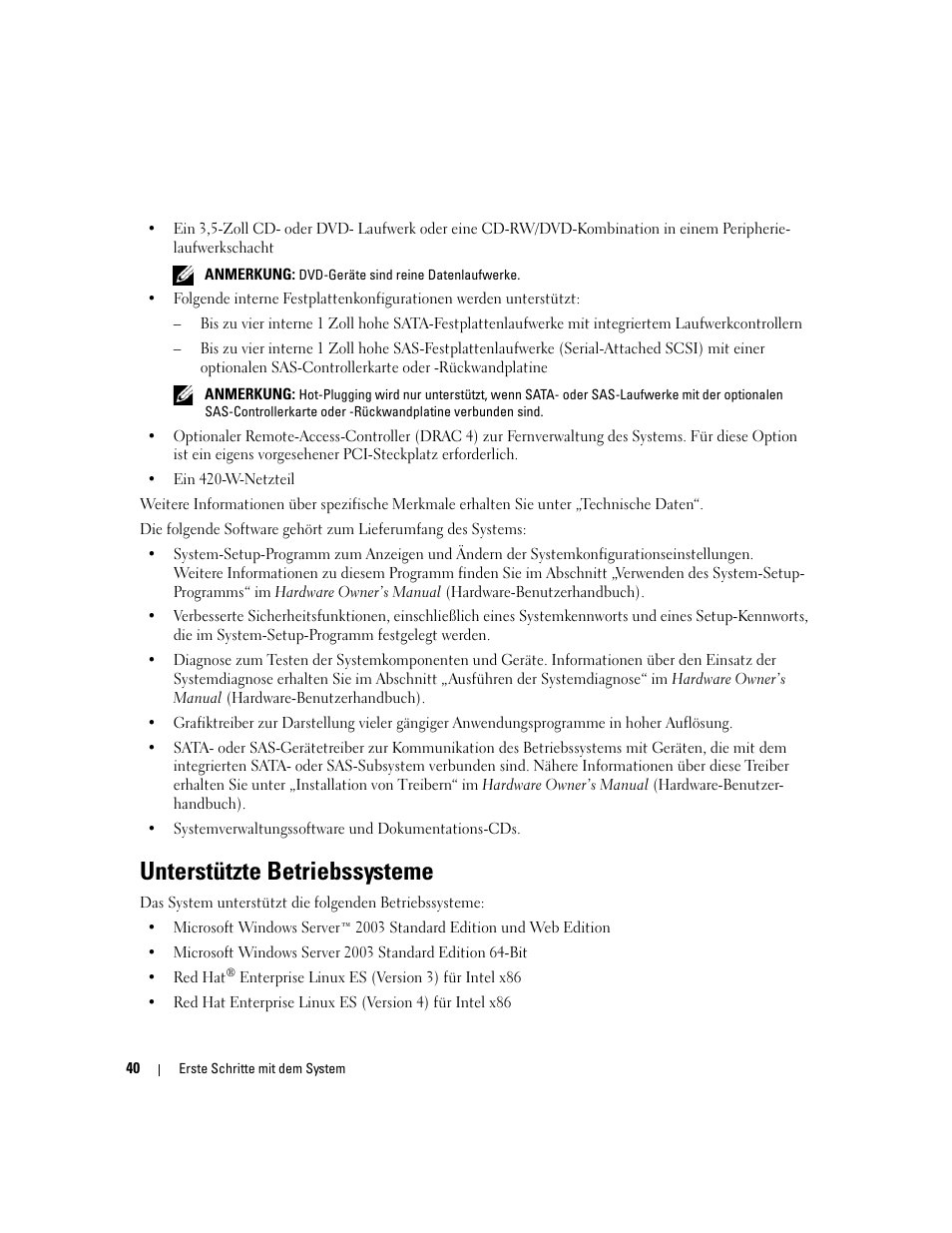 Unterstützte betriebssysteme | Dell POWEREDGE 840 User Manual | Page 42 / 110