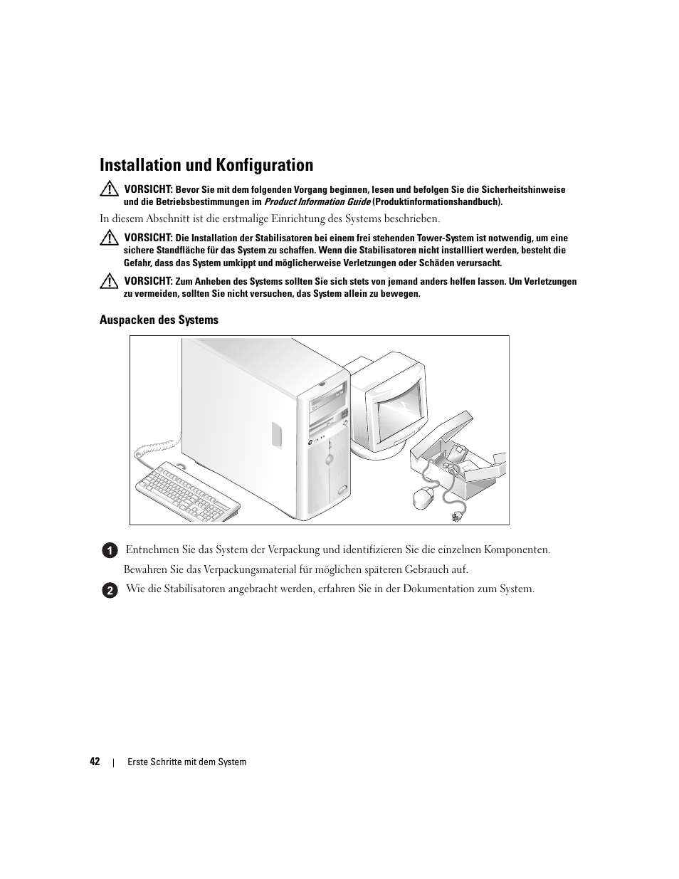 Installation und konfiguration, Auspacken des systems | Dell POWEREDGE 840 User Manual | Page 44 / 110