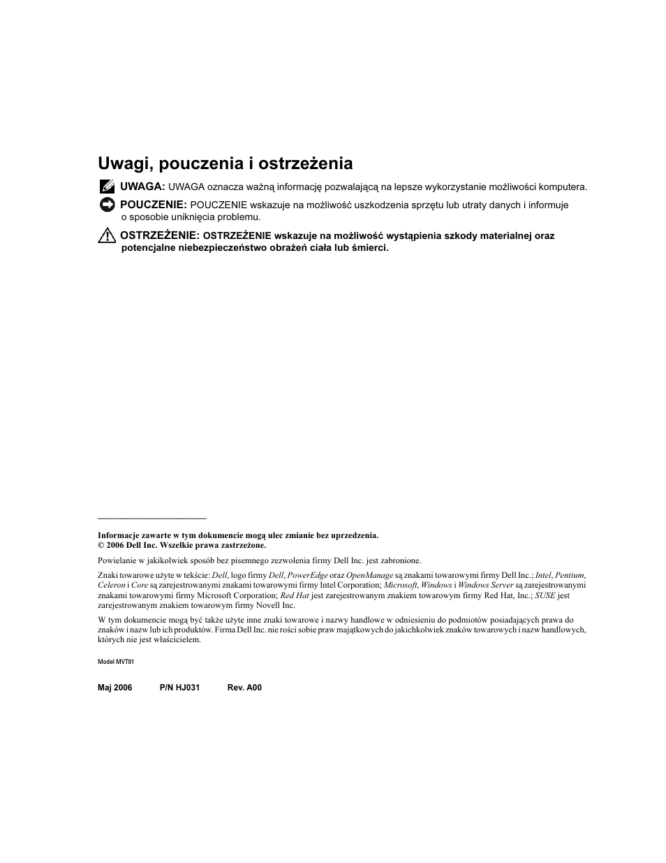 Uwagi, pouczenia i ostrzeżenia | Dell POWEREDGE 840 User Manual | Page 64 / 110