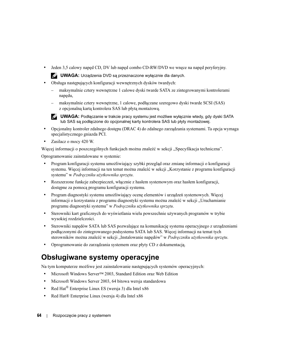 Obsługiwane systemy operacyjne | Dell POWEREDGE 840 User Manual | Page 66 / 110