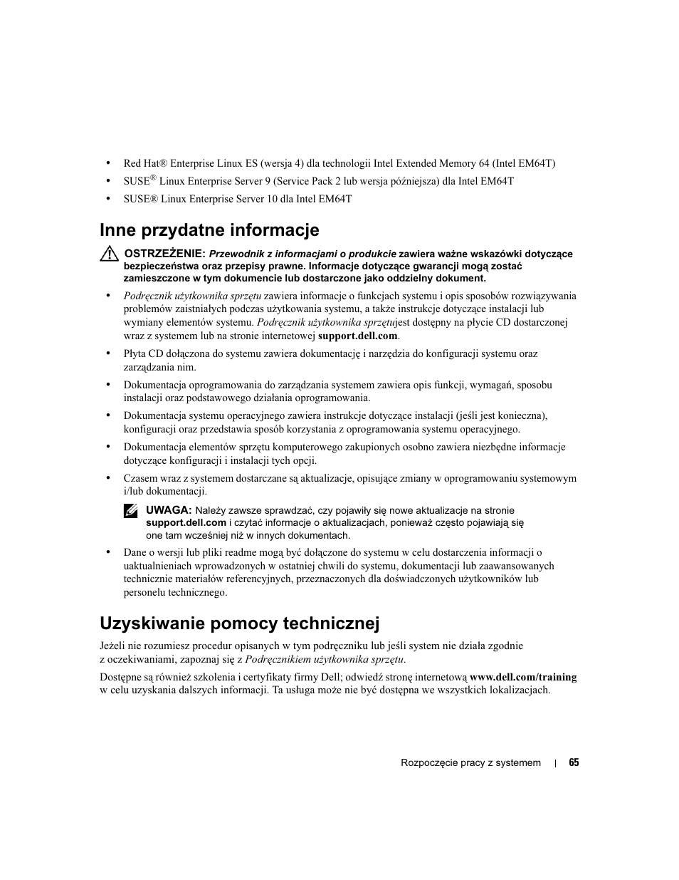 Inne przydatne informacje, Uzyskiwanie pomocy technicznej | Dell POWEREDGE 840 User Manual | Page 67 / 110