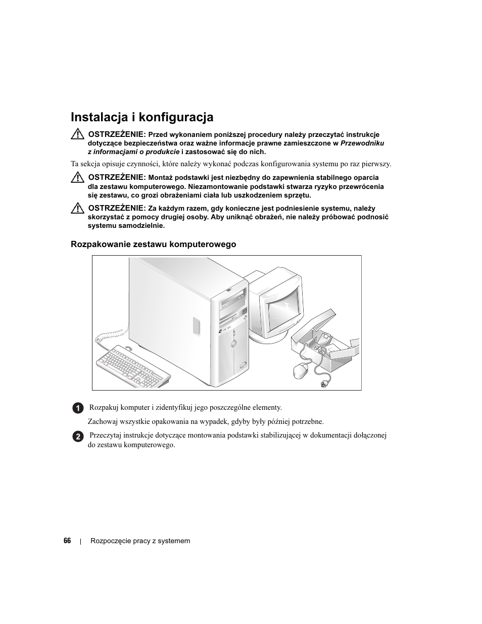 Instalacja i konfiguracja, Rozpakowanie zestawu komputerowego | Dell POWEREDGE 840 User Manual | Page 68 / 110