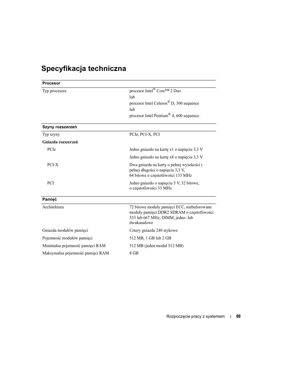 Specyfikacja techniczna | Dell POWEREDGE 840 User Manual | Page 71 / 110