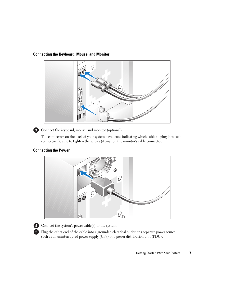 Connecting the keyboard, mouse, and monitor, Connecting the power | Dell POWEREDGE 840 User Manual | Page 9 / 110