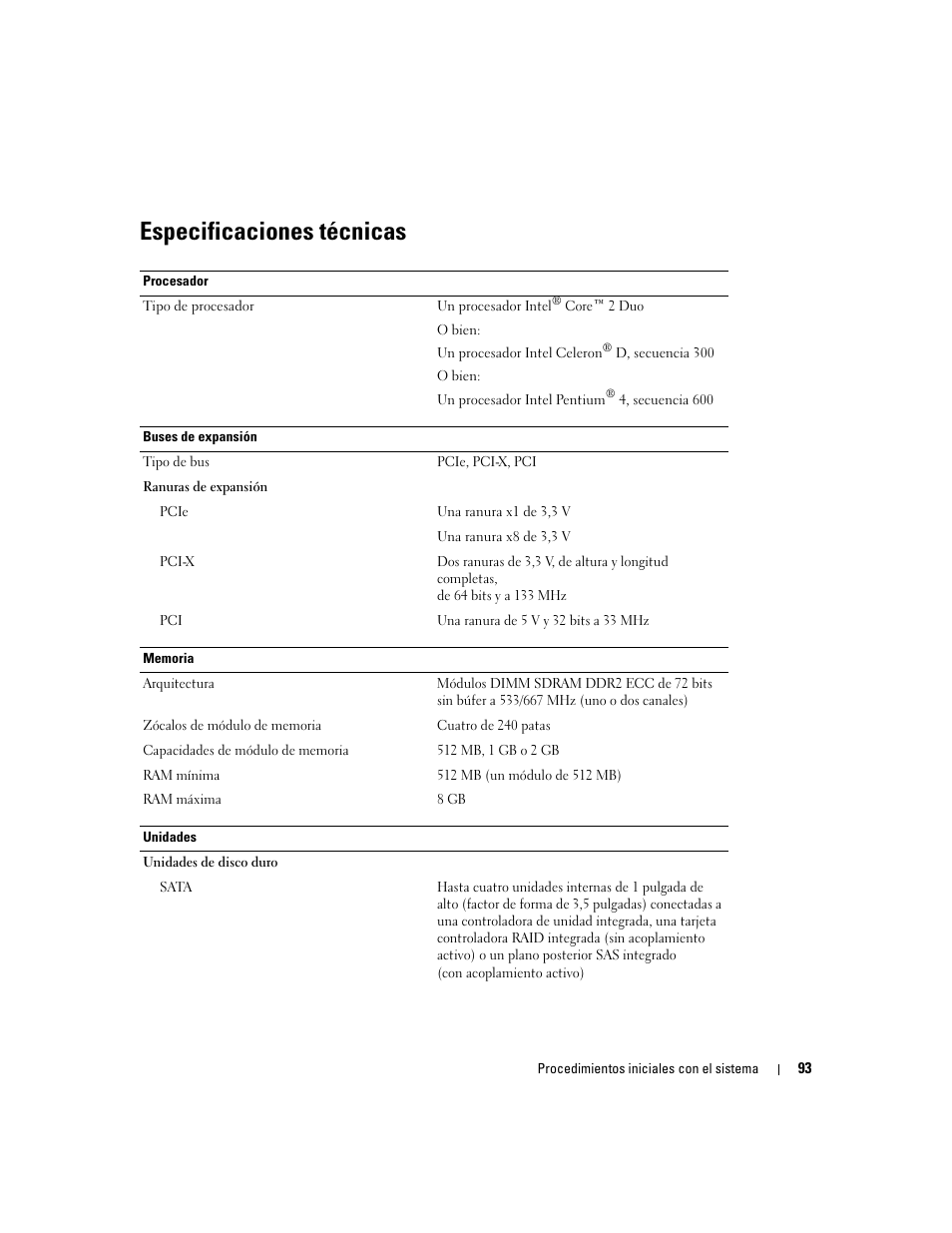 Especificaciones técnicas | Dell POWEREDGE 840 User Manual | Page 95 / 110
