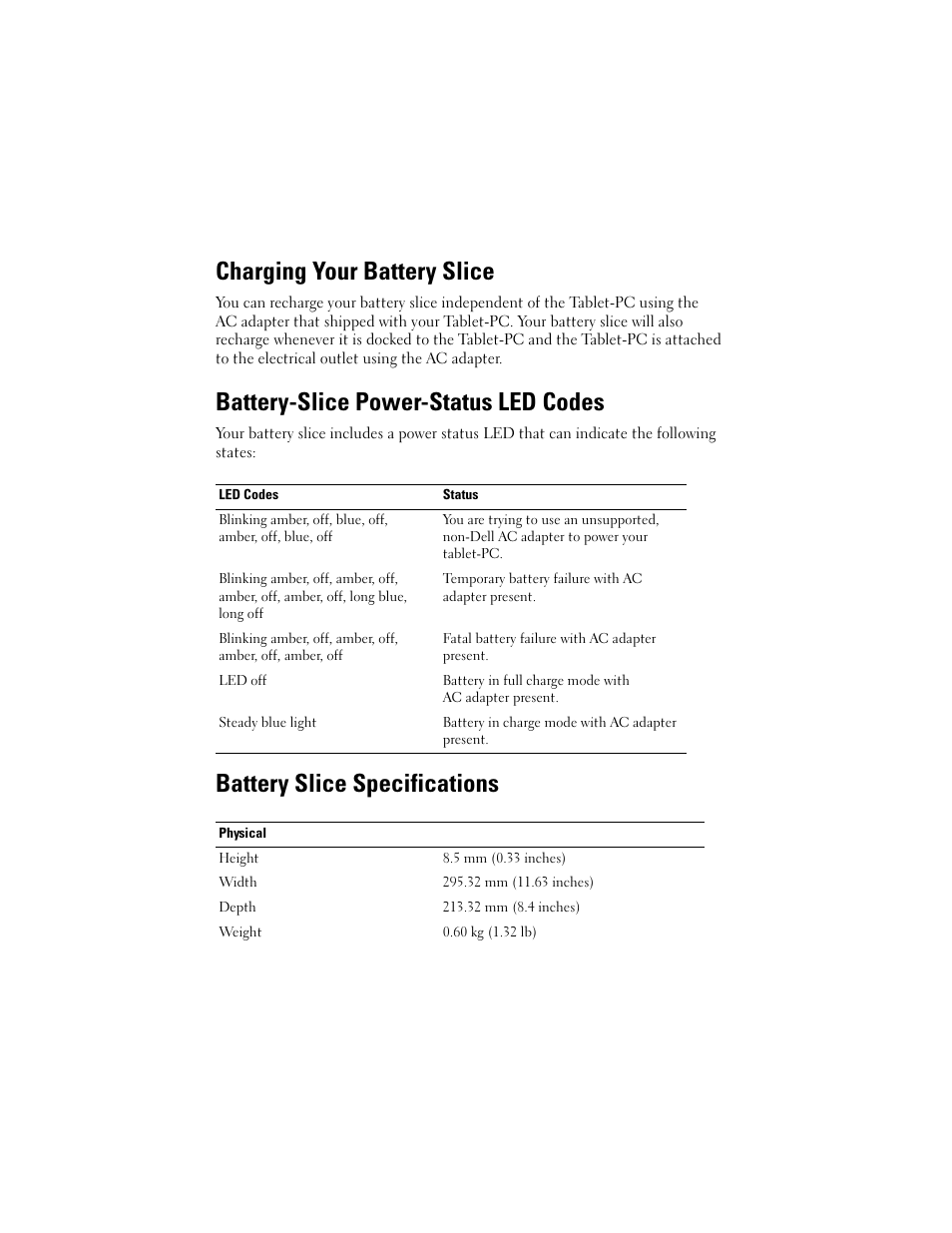 Charging your battery slice, Battery-slice power-status led codes, Battery slice specifications | Dell Latitude XT2 User Manual | Page 5 / 92