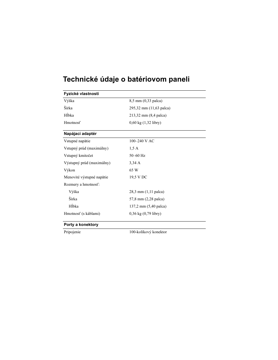 Technické údaje o batériovom paneli | Dell Latitude XT2 User Manual | Page 69 / 92