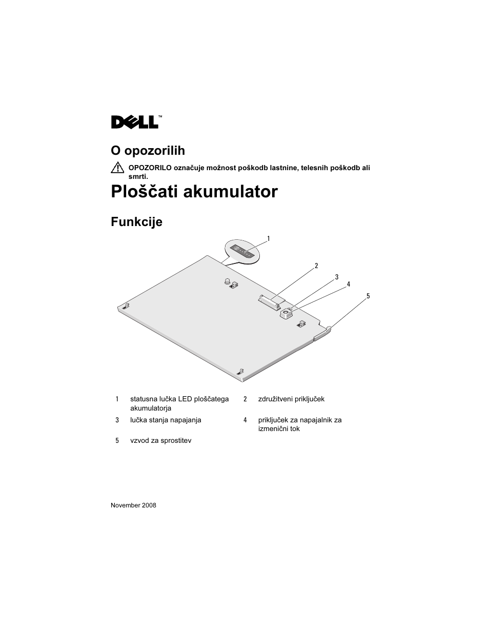 Ploščati akumulator, O opozorilih, Funkcije | Dell Latitude XT2 User Manual | Page 71 / 92