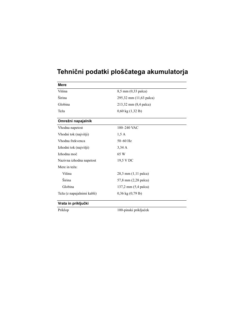 Tehnični podatki ploščatega akumulatorja | Dell Latitude XT2 User Manual | Page 77 / 92