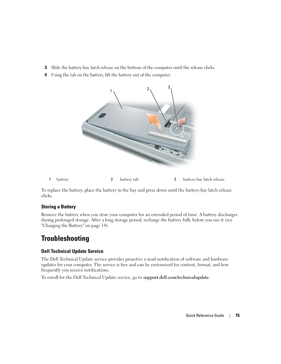 Storing a battery, Troubleshooting, Dell technical update service | Dell Latitude D820 User Manual | Page 15 / 110